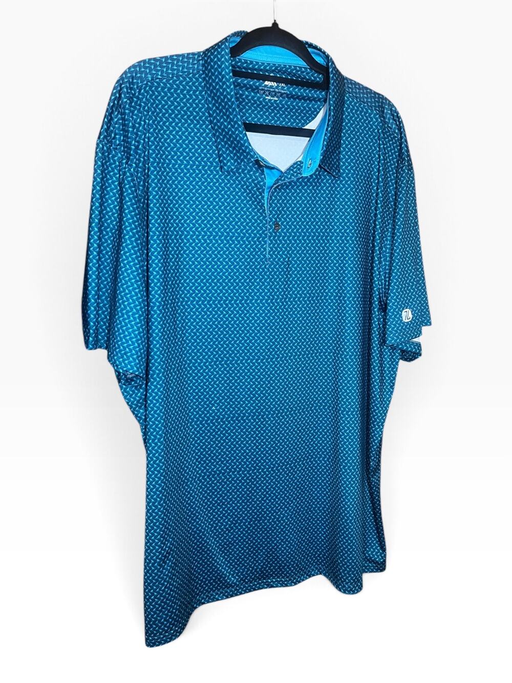 Gymshark Men’s 3XL Performance Polo Blue Shark Fin Print Stretch Athletic Shirt